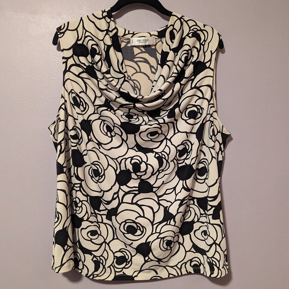 Jones Studio drape necked Floral Shell - Black/Cream, 14/16